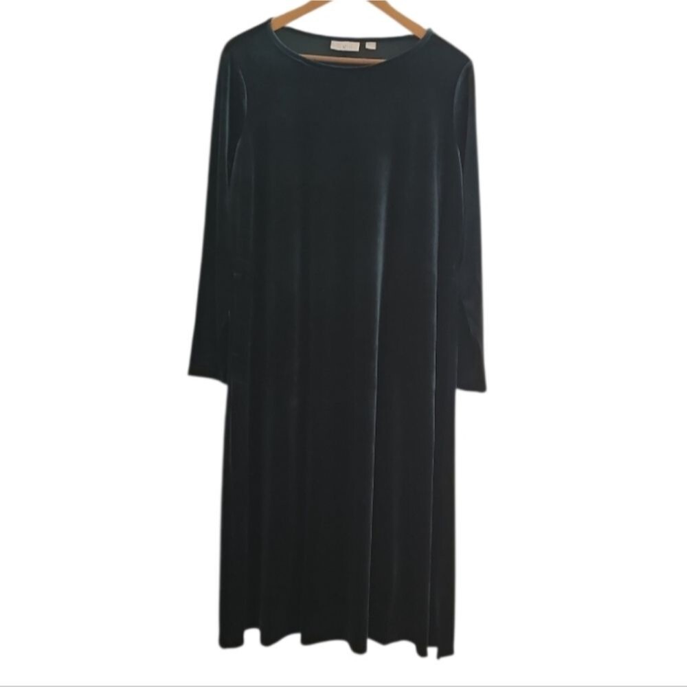 Belle Kim Gravel Emerald Velvet Dress Women’s Petite L Stretch Midi Holiday